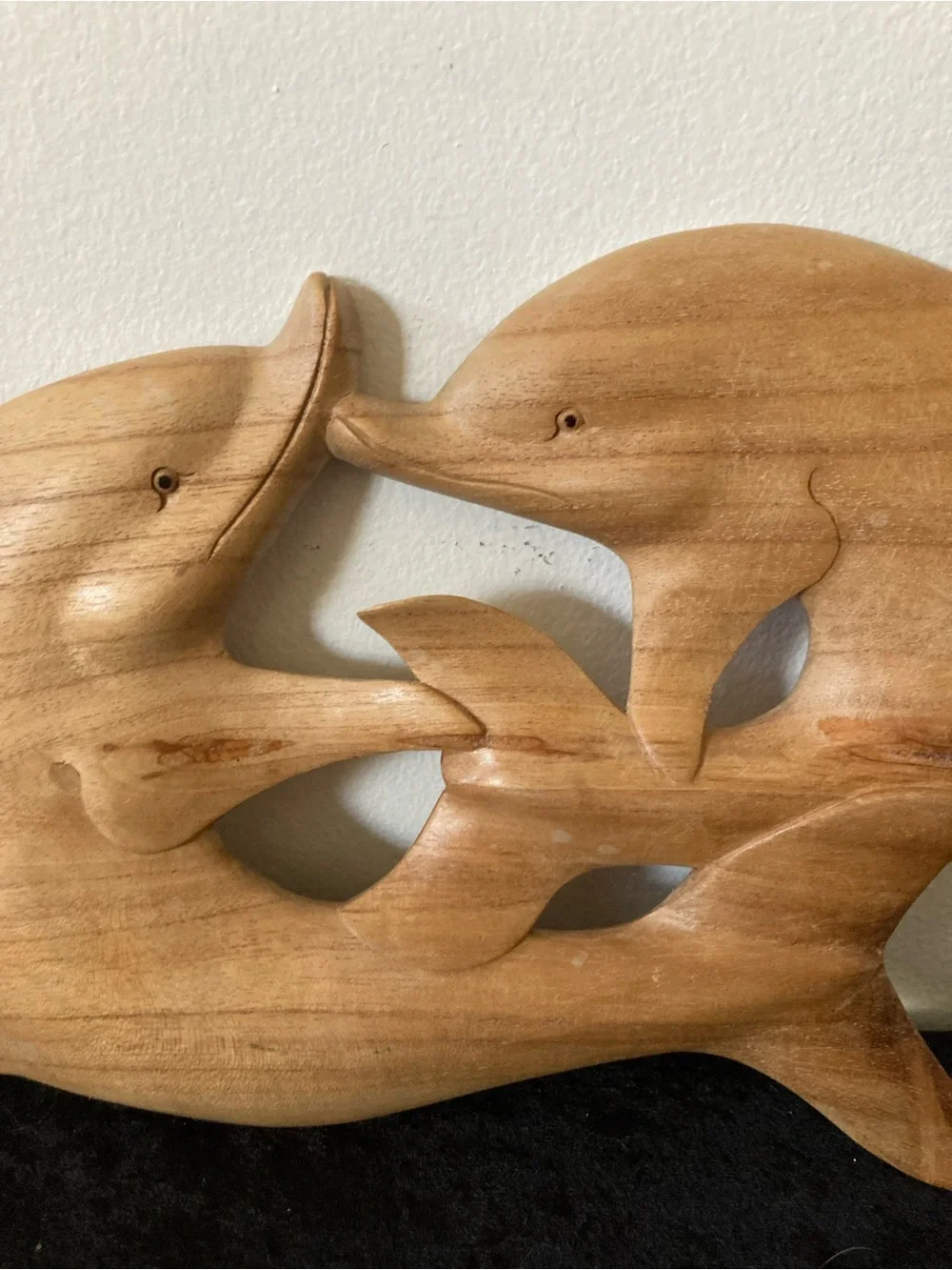 Carved Wooden Dolphin Wall Art - Natural Wood Tone